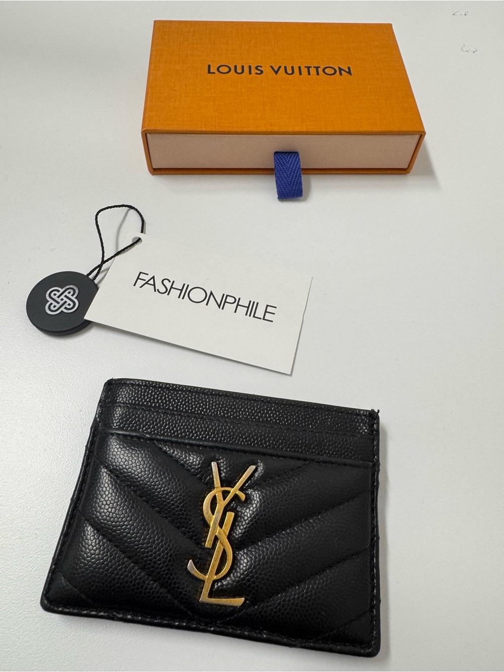 Yves Saint Laurent Black Leather Card Holder with Gold Logo Hardware
